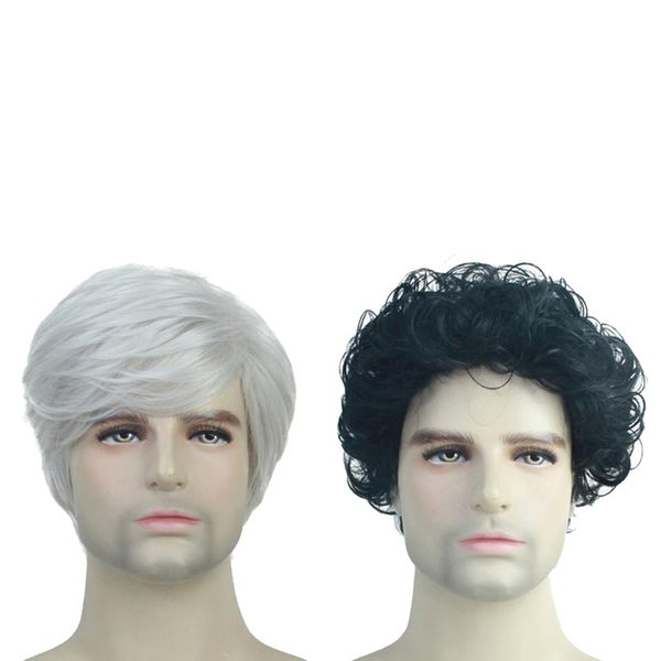 

fashion short straight curly wavy wig synthetic full wigs for men 10'' 2pcs, Black