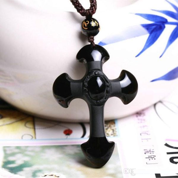 

drop shipping natural black obsidian carving крестики лаки амулет ожерелье для женщин мужчины ожерелье ювелирные изделия 52 * 36мм, Silver
