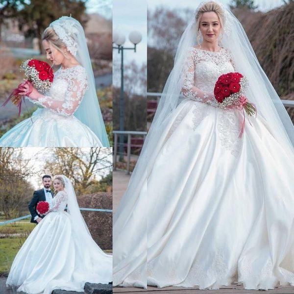 

Modest Satin Muslim Wedding Dresses Sheer Neck Lace Appliqued Long Sleeves Arabic Bridal Gowns Custom Made Top Quality