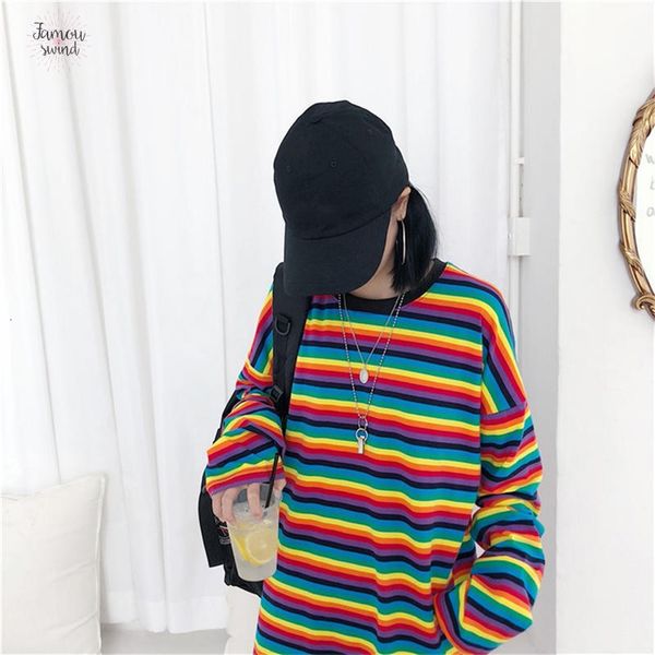 

радуга stripe футболка весна женского harajuku рубашка с длинным рукавом плюс размер tshirts корейского tops женских 37059, White