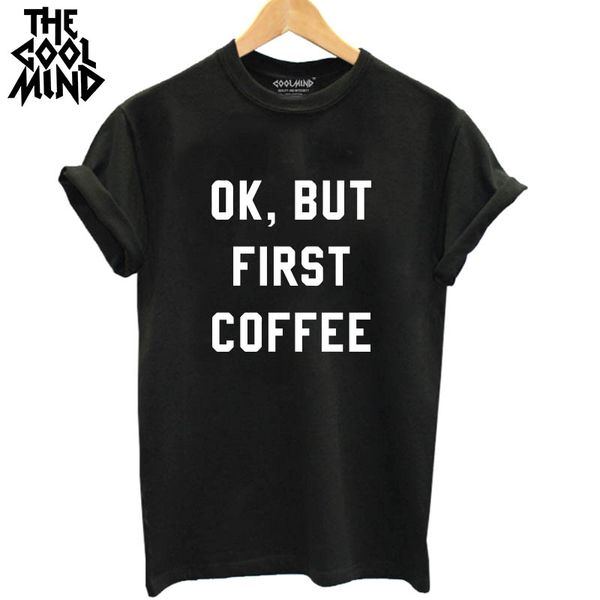 

casual o-neck knitted woman t-shirt quality loose cotton short sleeve ok but first coffee printed women t shirt, White