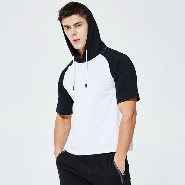 

summer short sleeve men hoodies sweatshirt patchwork solid hooded sweatershirts casual short sleeve tshirts male streetwear, Black