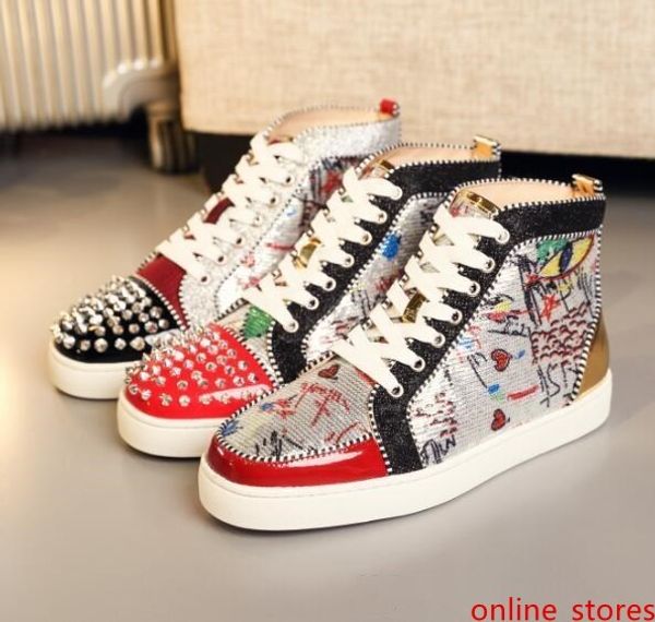 

luxury designer red bottom sneakers women men shoes luxury print silver pik pik no limit rare studs and rhinestones graffiti sneaker