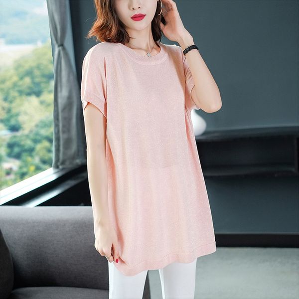 

ice silk knitted sweater t-shirt coat short-sleeved t-shirt women's 2020 summer midi loose all-match base coat women, White