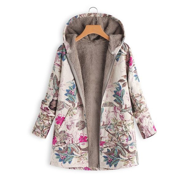 

winter womens jacket plush coat women's windbreaker warm outwear floral print hooded pockets vintage oversize coats plus size, Black;brown