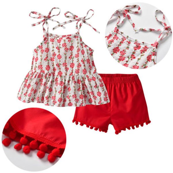 

new kid girl summer red floral clothes set baby girl strap rose flower blouse red short pant toddler outfit children clothes, White