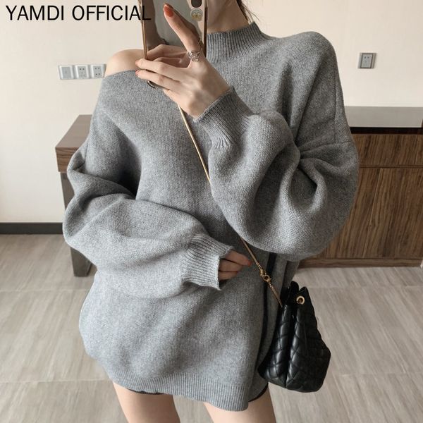 

yamdi solid black grey sweater casual korean irregular one shoulder knitted jumper sweaters women autumn winter warm thick pullo, White;black