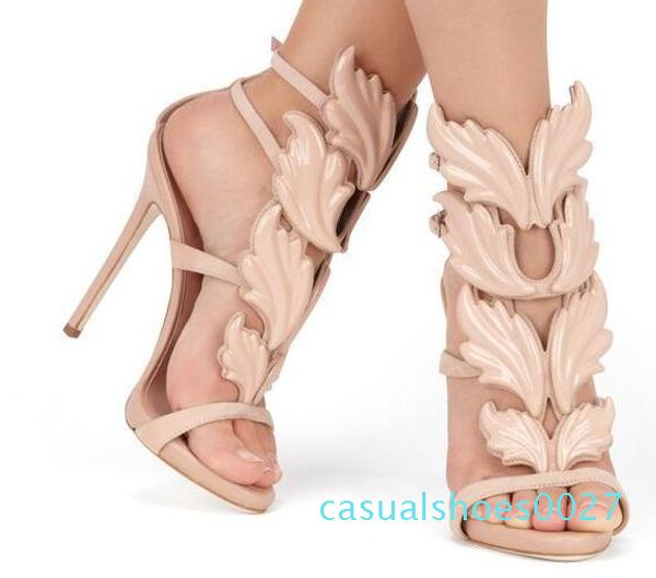

2018 designer women metal leaf wing high heel sandals gold nude black party events shoes gladiator metallic winged sandals c27