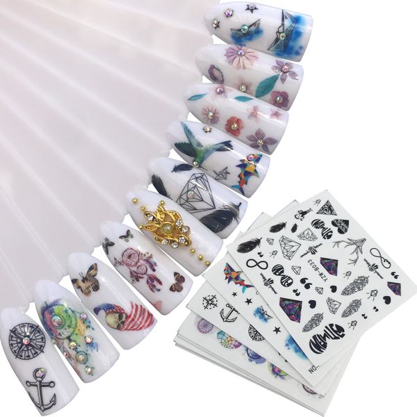 

10pc mixed decals nail art flower pattern water transfer stickers set colorful diamond nail decals decor, Black