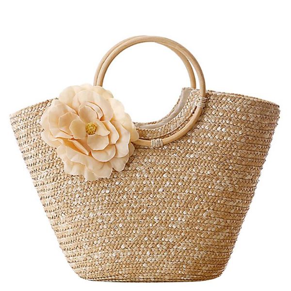 

2019 new bohemian straw women's handbag flower design woven summer beach messenger tote bag basket round wood handle shopper bag