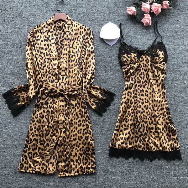 

2019 women bathrobe spring summer leopard night robe long satin sling lace sleepwear lingerie nightwear set beach spa night, Black;red