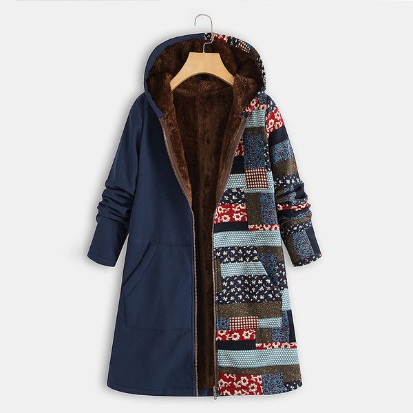 

women outerwear splice print faux fur lining hooded long sleeve retro warm winter jacket manteau femme hiver plus size 5xl#4, Black