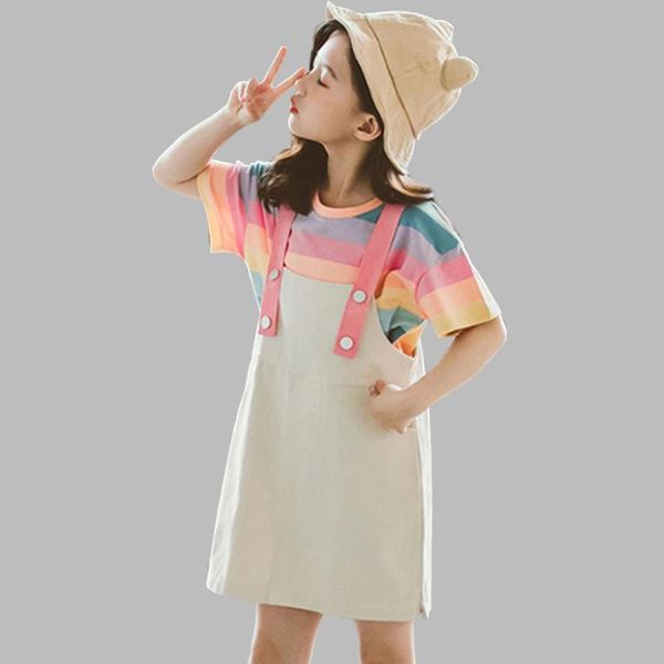 

kids clothes girls rainbow color clothes for girls tshirt + jumpsuit 2pcs summer teenage children's set, White