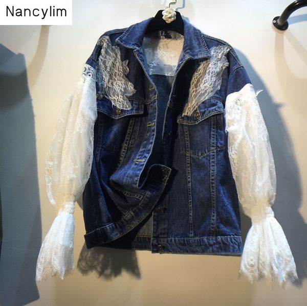 

2019 autumn streetwear denim patch lace jacket for women new stitching lace horn sleeve loose denim coat jacket female coats, Black;brown