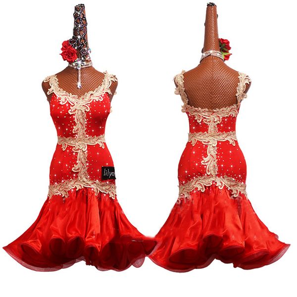 

latin dance dress competition clothing performance dress prom party child red embroidered fishbone skirt customized, Black;red