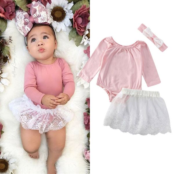 

summer newborn infant baby girl clothes sets pink romper lace floral skirt outfit 0-24m, White