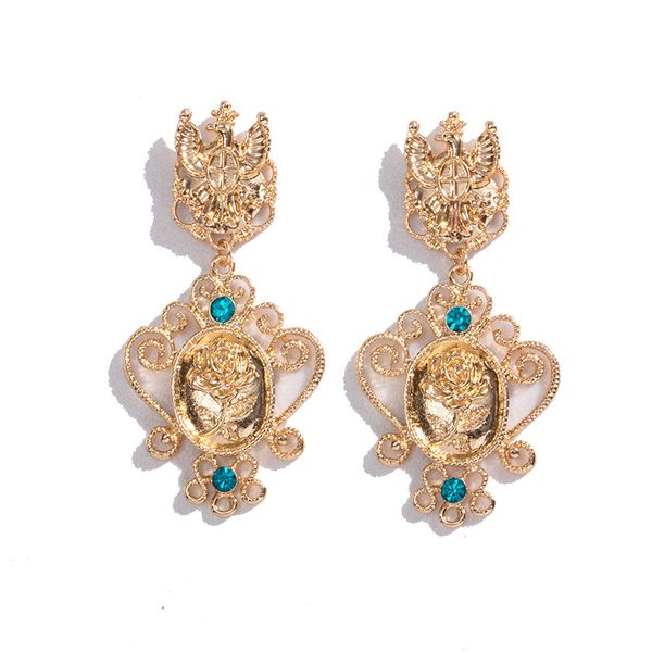 

2020 new fashion big gold color eagle crown rose stone long flower earrings for women girl, Silver