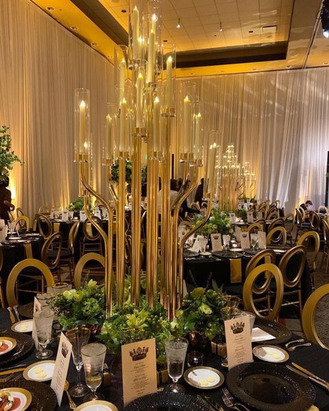 

gold stem candelabra 14 cylinder cups - 4ft tall round centerpiece