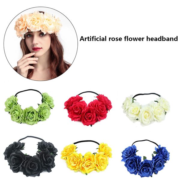 

5 roses flowers headband pgraphy props bride halloween party headdress wreath beautiful women ribbon fashion decorations, Golden;white