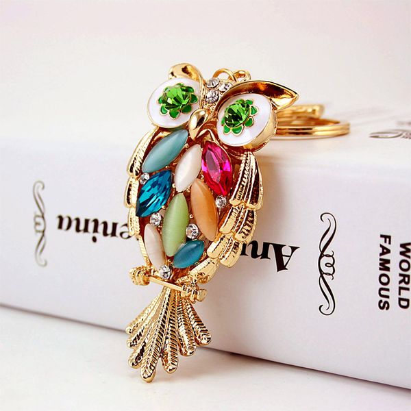 

3pcs/lot colorful rhinestone animal owl pendant car key chains gold tone plated metal fashion lobster clasp handbags ring decor, Silver