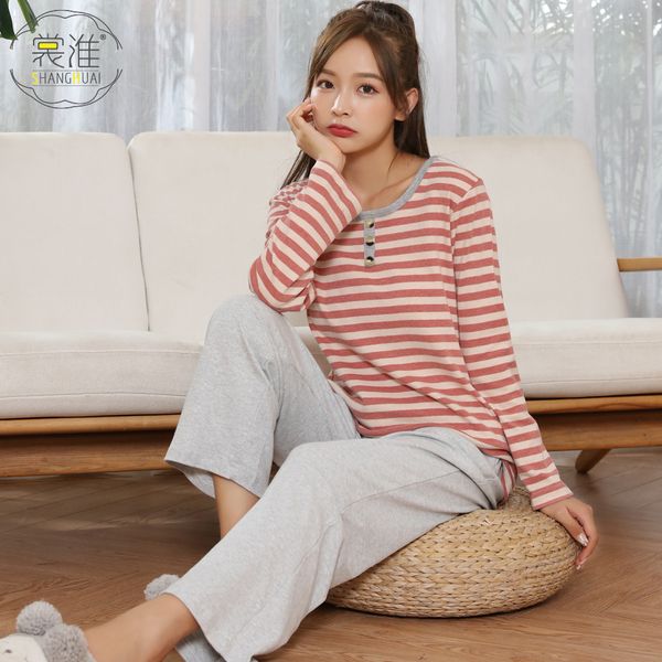 

autumn womens pajamas sets 100% cotton long-sleeve shirts and pants pajama set sleepwear women homewear soft, Blue;gray