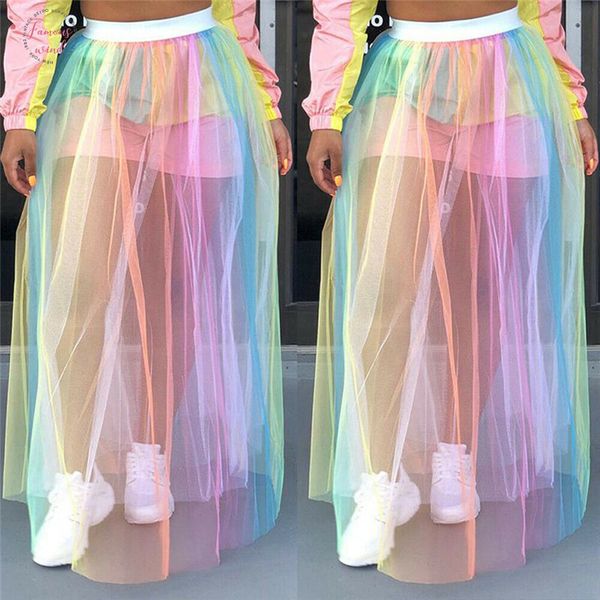 

sweet summer women girls rainbow mesh long skirts fur high elastic waist ladies ankle length skirts all matching women pleated skirt, Black