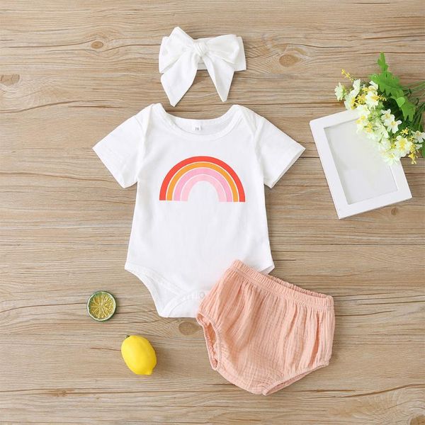 

arloneet baby girls clothes set outfits 3pcs summer rainbow romper shorts pants +headbands baby home&outdoor cotton summer set, White