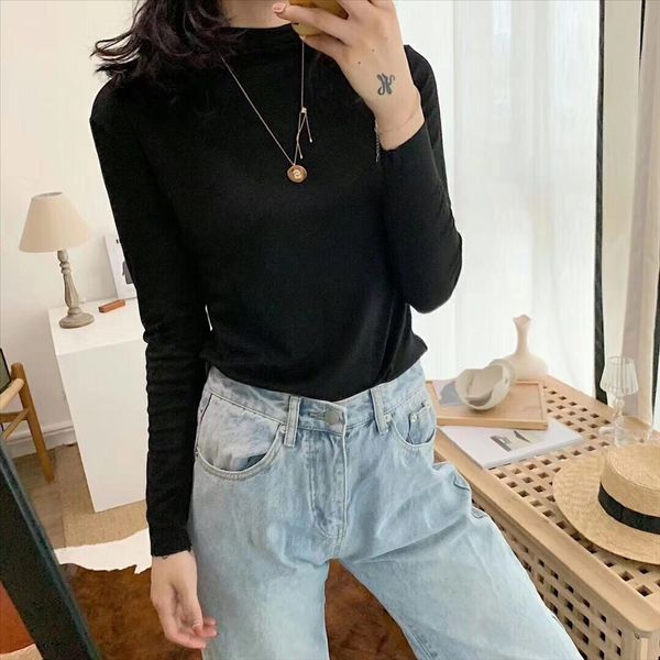

long-sleeved pile collar base women's season 2019 slim black cotton thin shirt shirt top, White