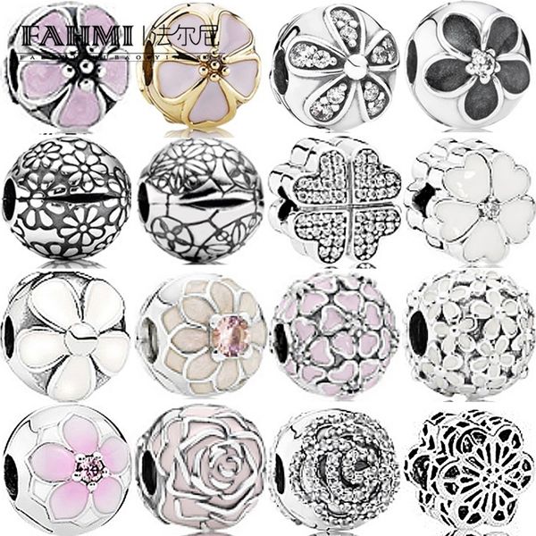 

fahmi 100% 925 sterling silver charm floral dazzling daisies shimmering rose white primrose clear blooming dahlia enamel fixed clip, Black