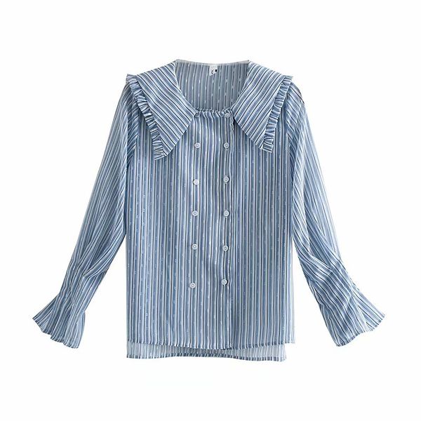

2019 women double breasted striped chiffon blouse cute female peter pan collar shirts long sleeve casual blusas mujer, White