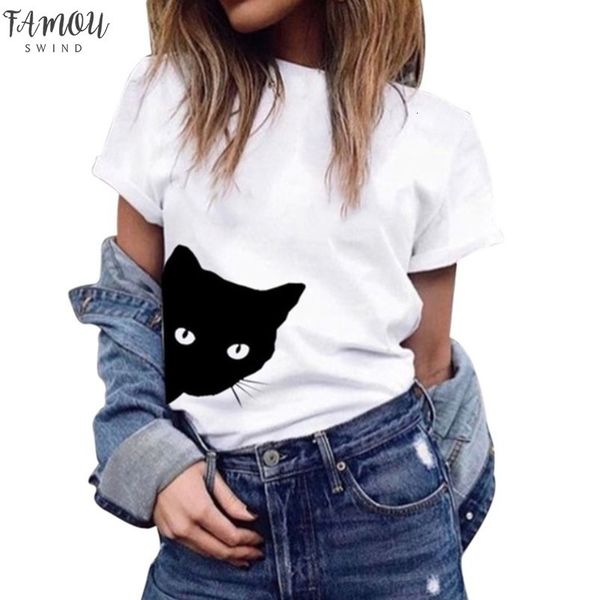 

2020 women t shirt cartoon cat catching butterfly print female tshirt casual funny short sleeve tees t shirt women clothing, White