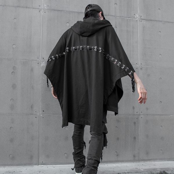 

man dark bat sleeve even hat long t pity loose coat leisure time show clothing streetwear hip hop personality trench, Tan;black