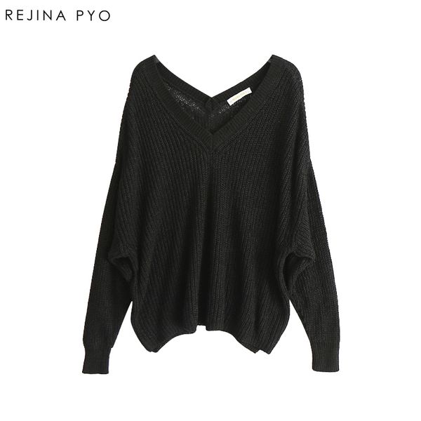 

rejinapyo women american style oversize loose solid double v-neck knitted sweater casual pullovers 2019 spring new arrival, White;black