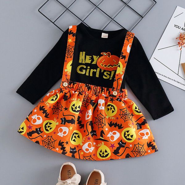 

emmababy 0-5y baby girls dress long sleeve t-shirt + pumpkin skirt halloween outfits sets, White