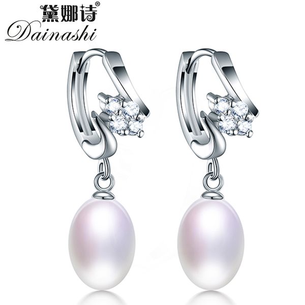 

dainashi fashion 925 sterling silver zircon dangle earrings for women 100% genuine natural freshwater oval pearl drop earrings, Golden;silver