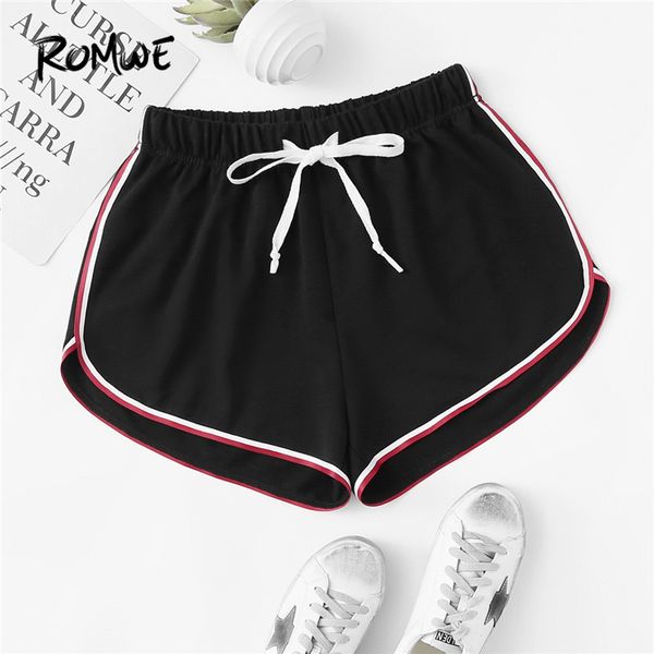 

romwe sport black striped side dolphin hem drawstring running shorts women exercise mid waist jogging shorts sports bottoms, Black;blue
