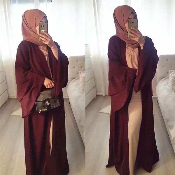 

new modest muslim women ruffle sleeve abaya s-2xl middle east women romadan solid color kimono cardigan, Red