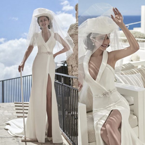 

2020 mermaid wedding dresses halter side split beads chiffon wedding dress sweep train vestidos de novia, White
