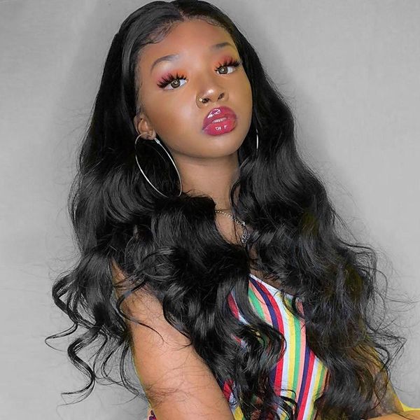 

body wave lace front wig with baby hair for women remy human hair wigs 4x4 brazilian hair wigs bleached knots, Black