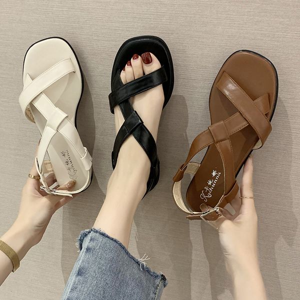 

eoeodoit rome sandals women flat heel summer leather sandals brief casual holiday shoes beach sand seaside shoes, Black