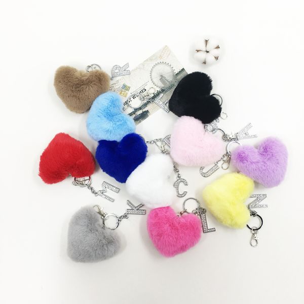 

fluffy color pompom faux fur heart keychains crystal letters key rings key holder trendy jewelry bag accessories gifts, Silver