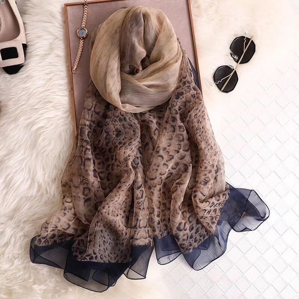 

women's fashion luxury designer scarf spring new silk scarf black bottom leopard print large shawl beach towel four colors to choose fr, Blue;gray