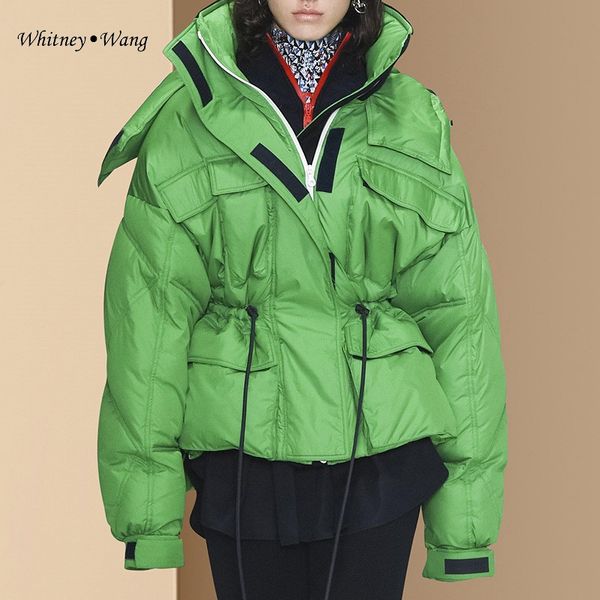 

whitney wang parkas 2019 winter fashion streetwear drawsting wast thick warm padded parka women winter hooded coat outwear, Black