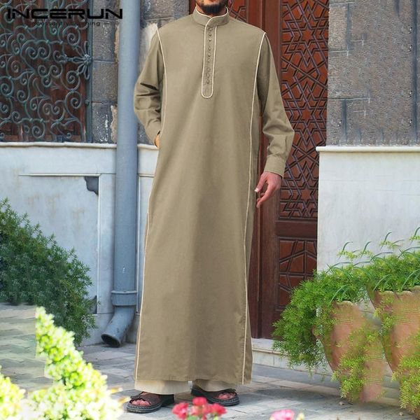 Erkekler Müslüman Giysileri İslam Kaftan Uzun Kollu Katı Düğme Standı Yaka Suudi Arabistan Erkekler Jubba Thobe Robes S-5XL Incerun
