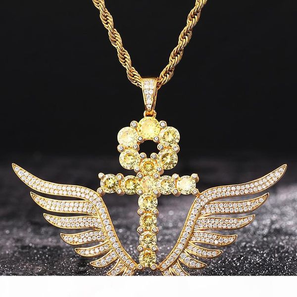 

men hip hop street rapper jewelry gold silver colors cz angle wings cross pendant necklace with rope chain nice gift