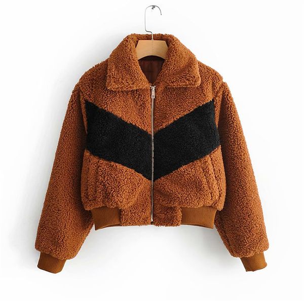 

women thick warm fur lambswool jacket autumn winter spliced coat turn-down collar pocket casual outerwear camel hairy overcoat, Black;brown