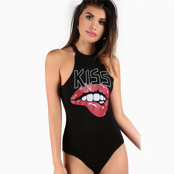

bodysuit women kiss sleeveless racer bodysuit black halter women skinny print summer bodysuits basic casual cute fashion bodysuit, Black;white