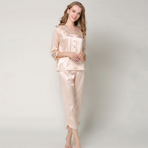 

new autumn satin pajamas sets women home suit sleepwear lace shirt pants pyjamas plus size silk nightwear pijama mujer, Blue;gray