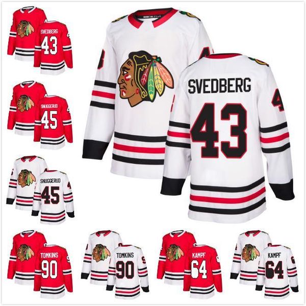 

2018 new male blackhawks 64 david kampf 90 matt tomkins 43 viktor svedberg 45 luc snuggerud ice hockey jerseys a c patch, Black;red