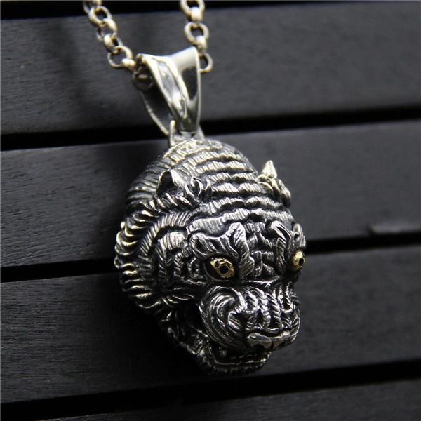 

c&r real 925 sterling silver pendant necklace vintage thai silver personality tiger head with gold eyes men fine jewelry